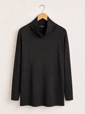 Eileen Fisher Fine Tencel Jersey Scrunch Neck Tunic Black Top Medium